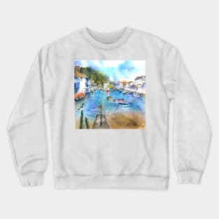 Landscape painting in watercolour of the harbour at Polperro Crewneck Sweatshirt